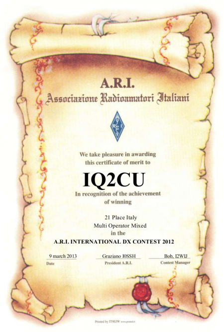 Sezione A.R.I. di Cernusco IQ2CU classificata 21° posto categoria Multi Operatore