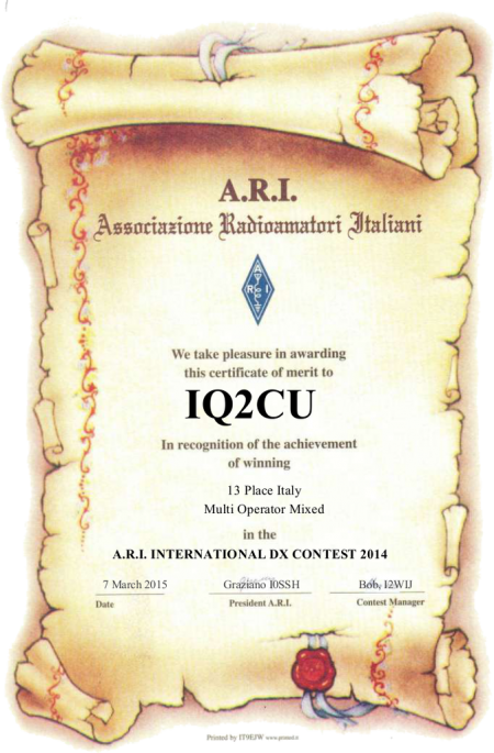Sezione A.R.I. di Cernusco IQ2CU classificata 13° posto categoria Multi Operatore